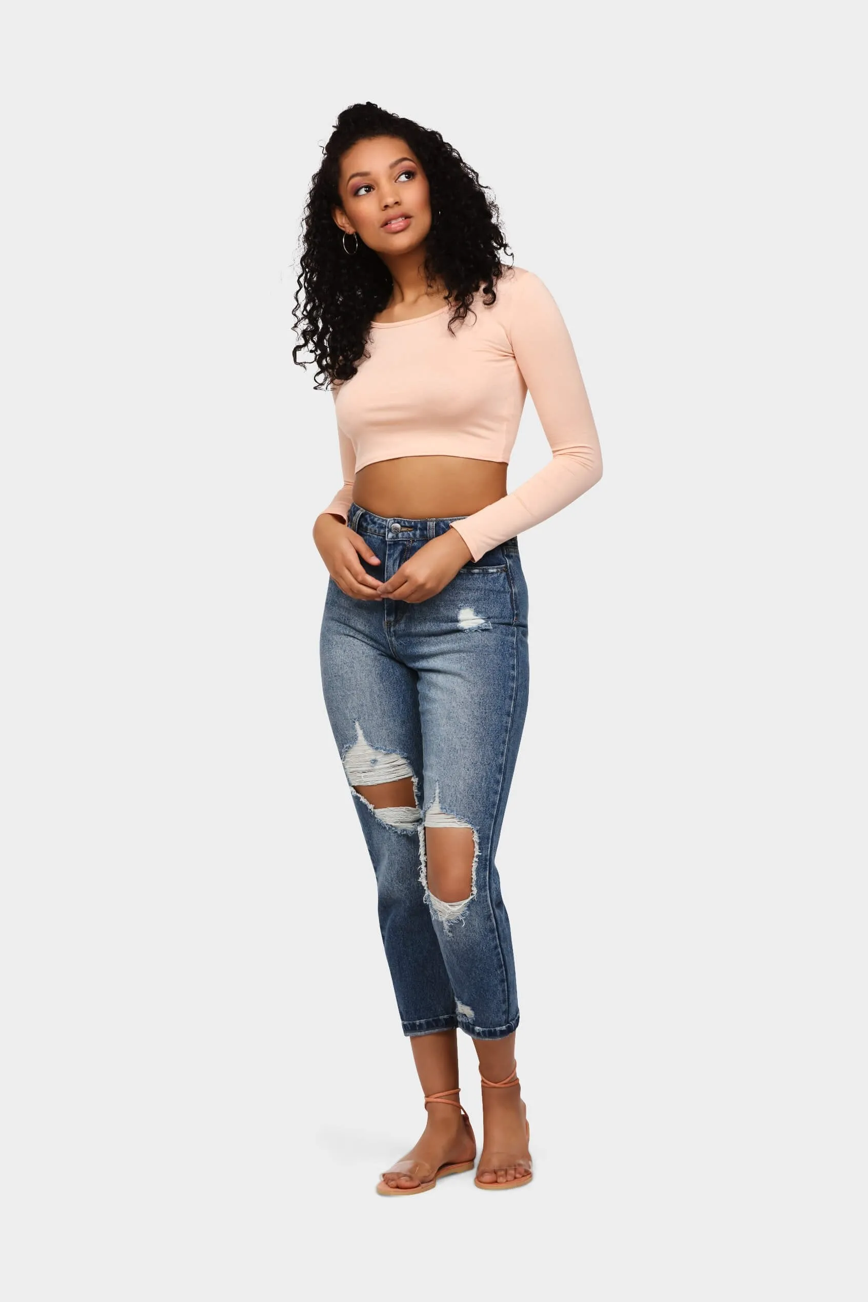 Apricot Long Sleeve Basic Crop Top