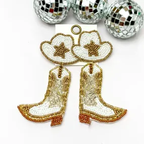 Beaded Cowboy Hat and Boot Earrings with Gold Star in White