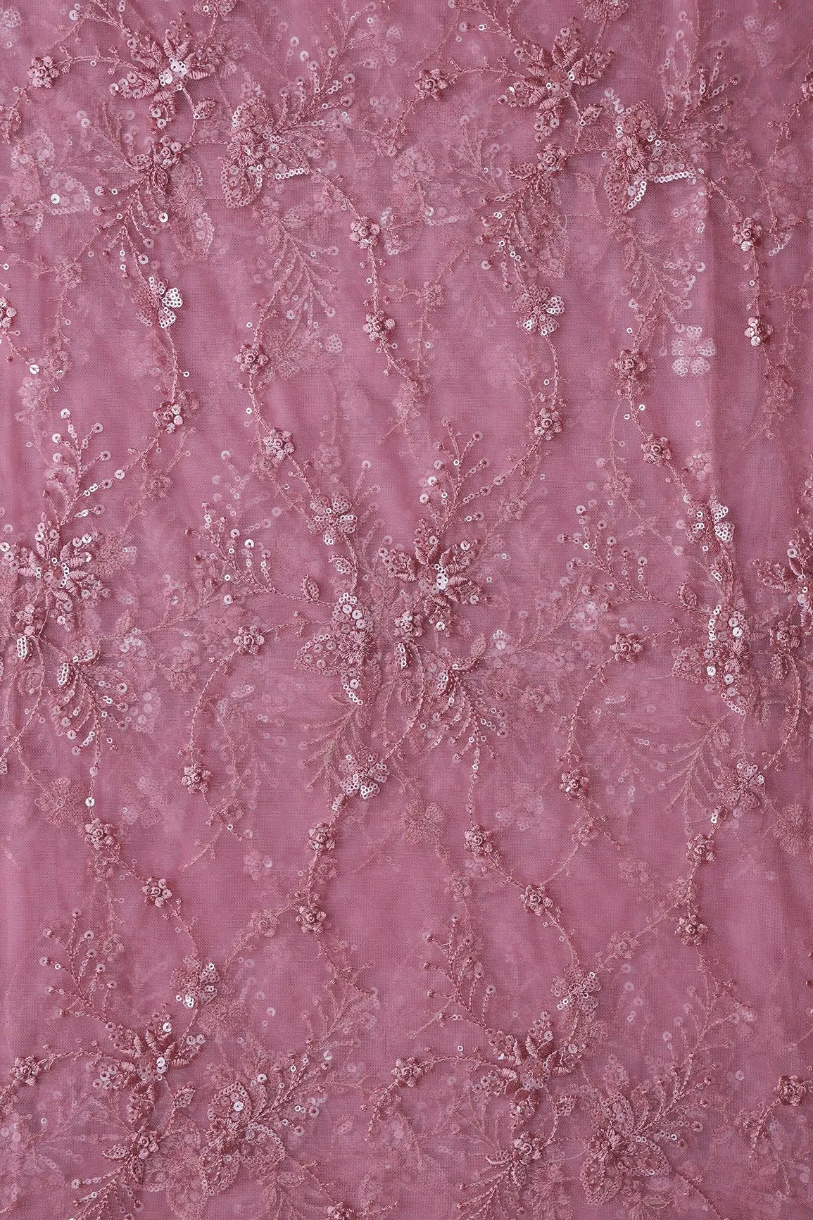 Beautiful Pink Thread With Sequins Floral Embroidery Work On Pink Soft Net Fabric