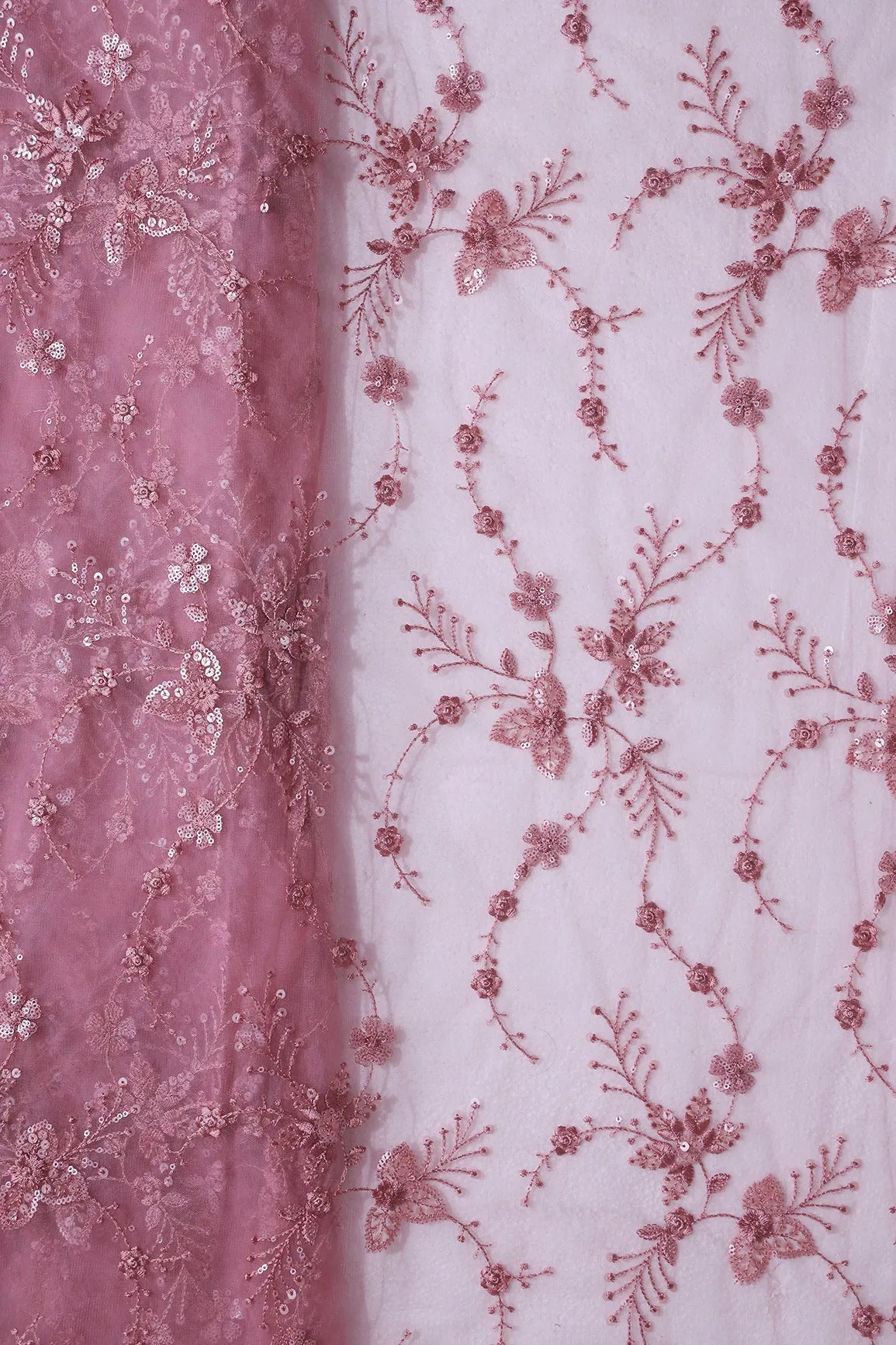 Beautiful Pink Thread With Sequins Floral Embroidery Work On Pink Soft Net Fabric