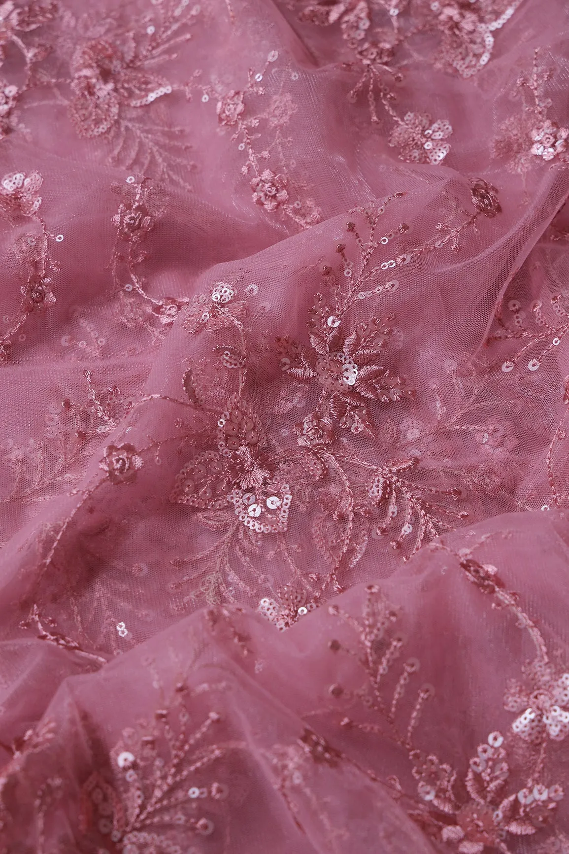 Beautiful Pink Thread With Sequins Floral Embroidery Work On Pink Soft Net Fabric