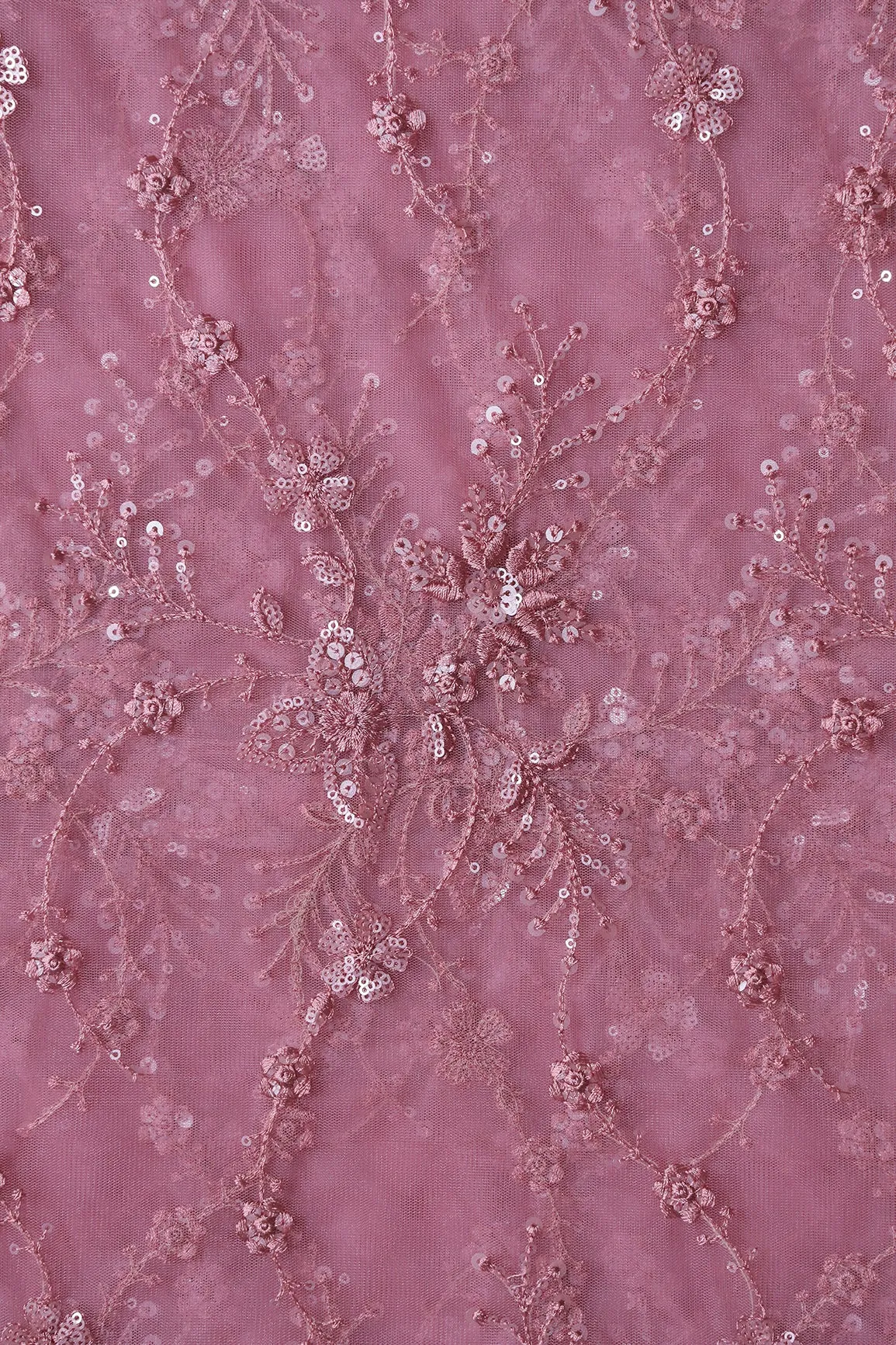 Beautiful Pink Thread With Sequins Floral Embroidery Work On Pink Soft Net Fabric