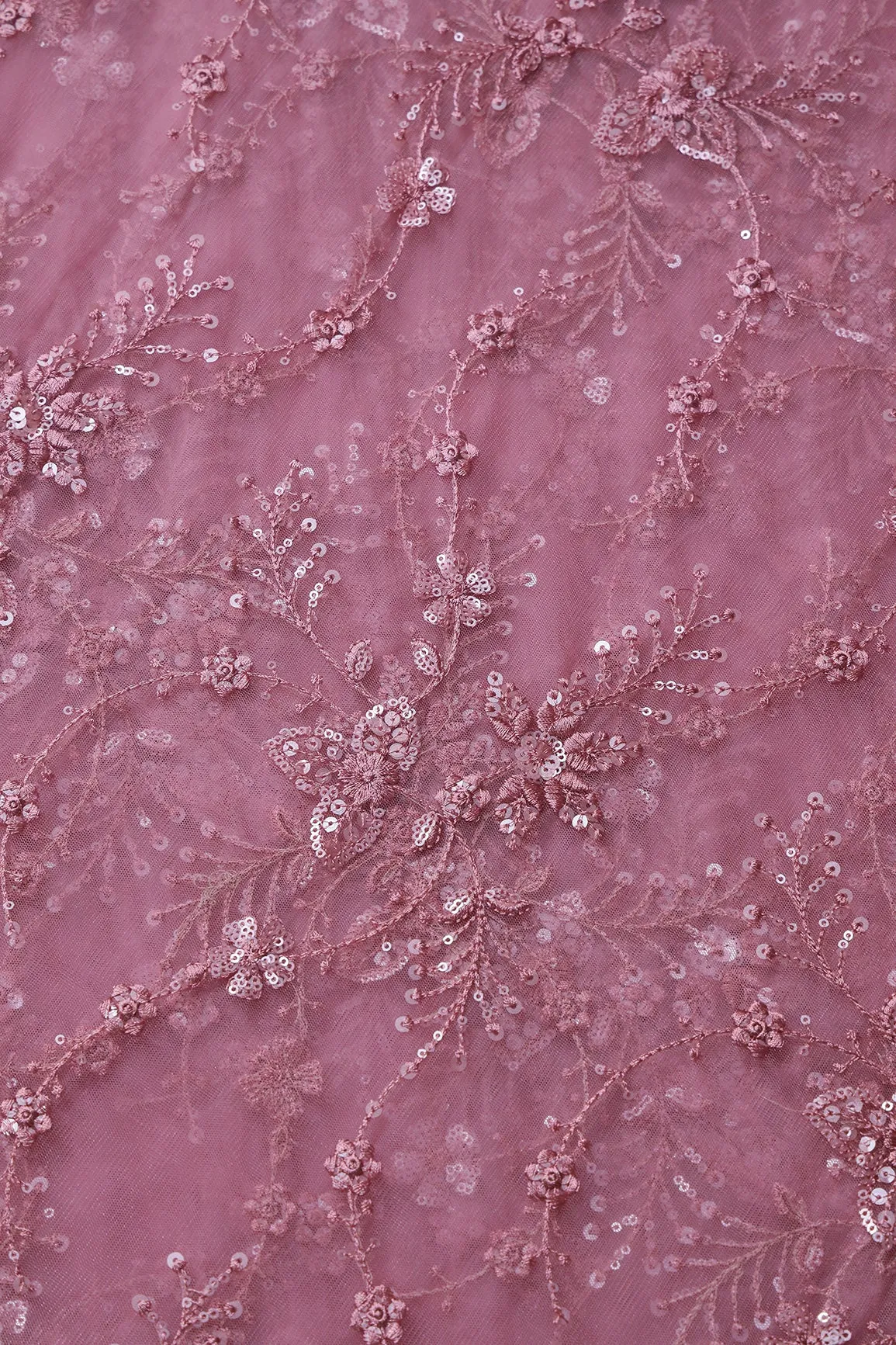 Beautiful Pink Thread With Sequins Floral Embroidery Work On Pink Soft Net Fabric