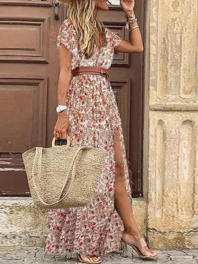 Bohemian Long Short Sleeve Printed V Neck Slit Dress