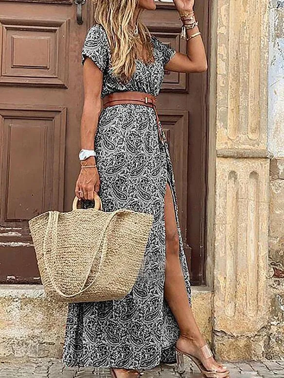 Bohemian Long Short Sleeve Printed V Neck Slit Dress