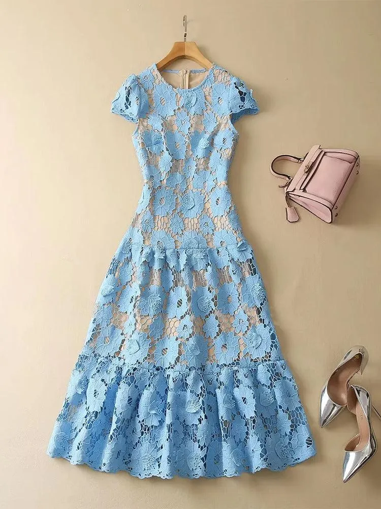 Boho Vintage Hollow Out Embroidery Lace Party Dress, Bohemian Short Sleeve Midi Dress