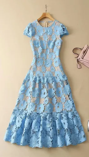 Boho Vintage Hollow Out Embroidery Lace Party Dress, Bohemian Short Sleeve Midi Dress