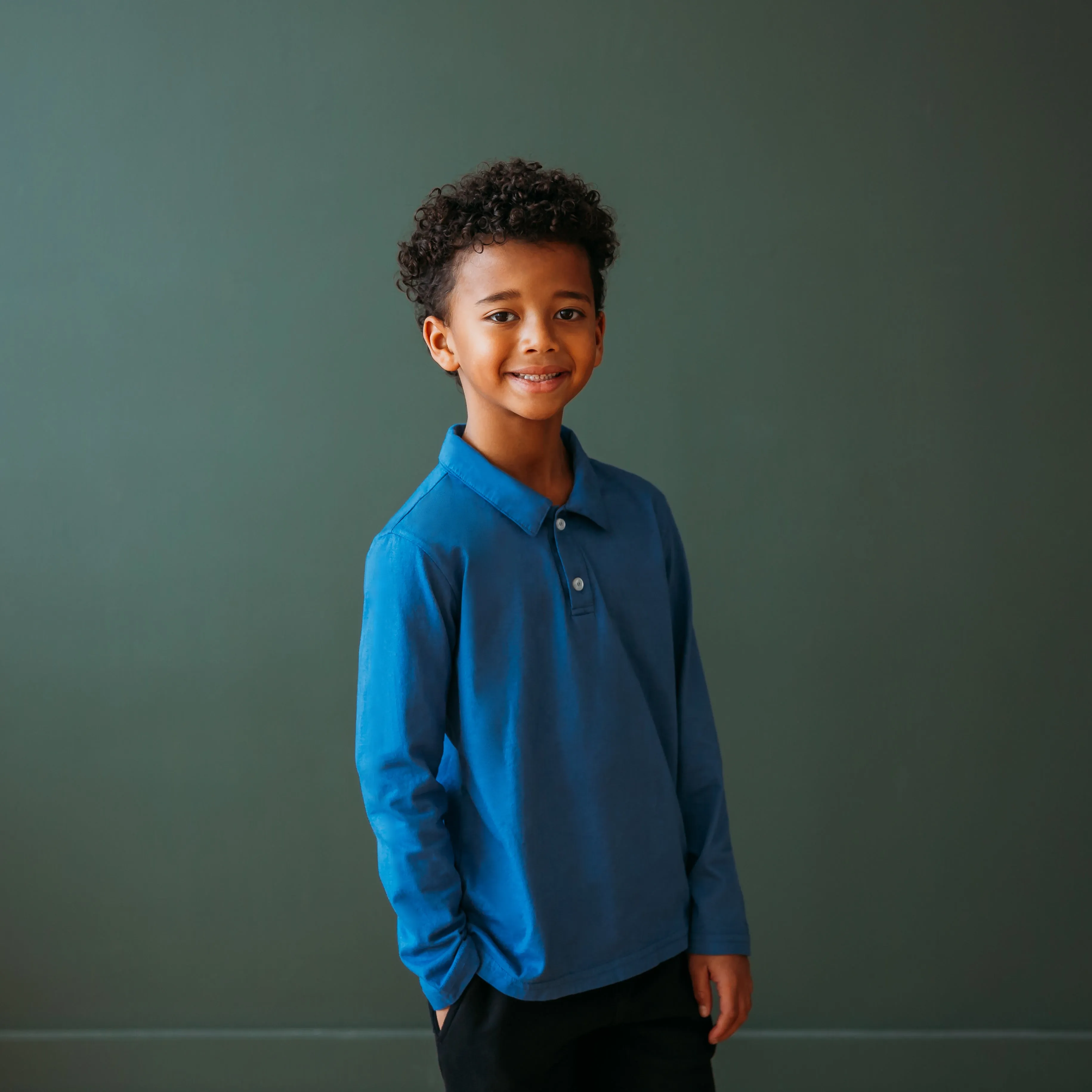 Boys Soft Cotton Jersey 2-Button Long Sleeve Polo Shirt | Uniform Hunter Green