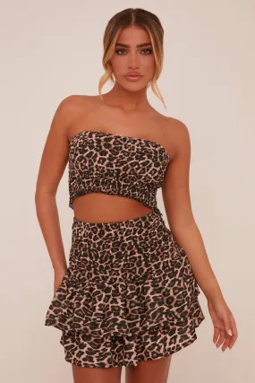 Brown Leopard Print Shirring Detail Bandeau Cropped Top - Azani