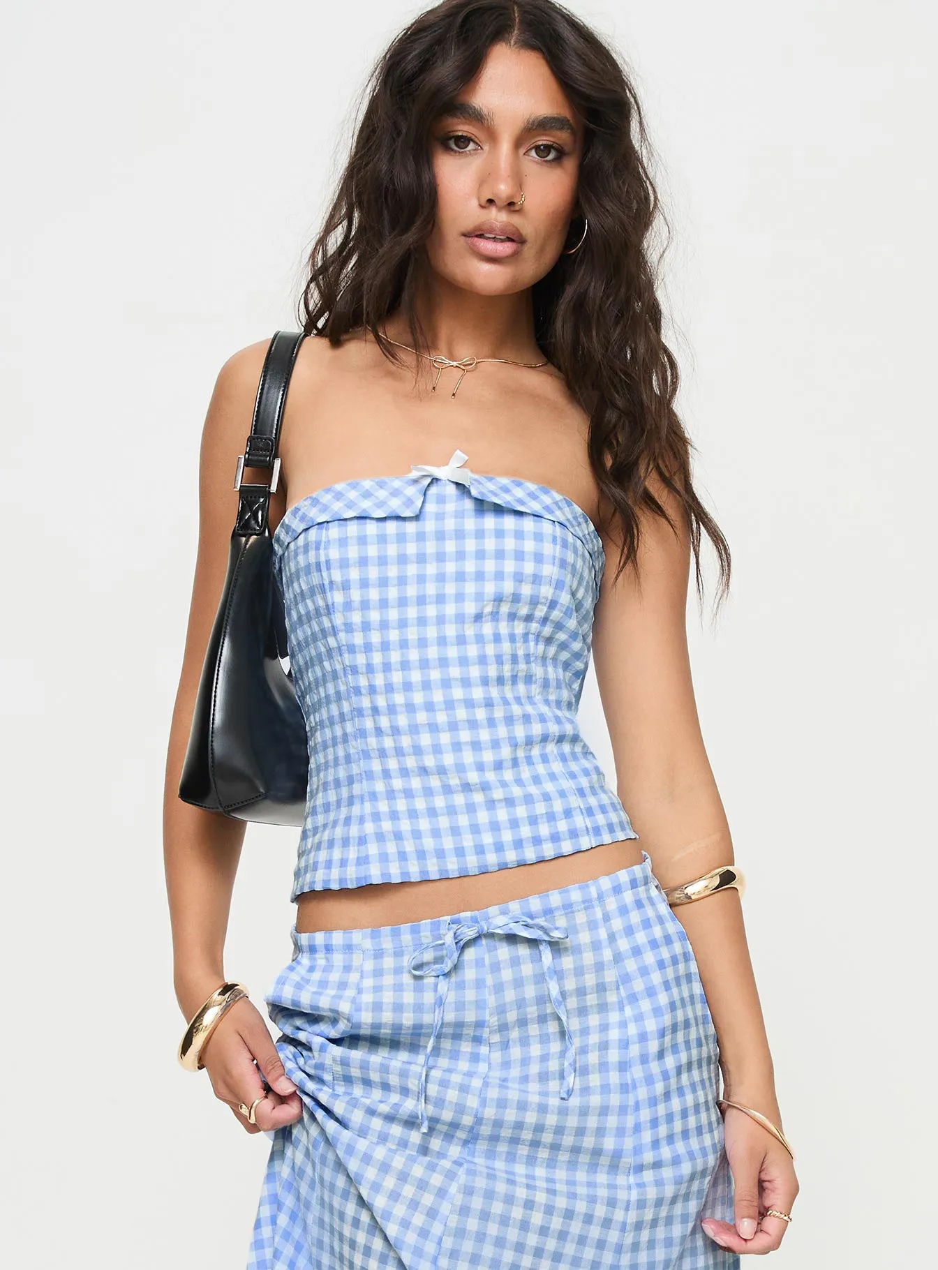 Carmino Strapless Top Blue Check