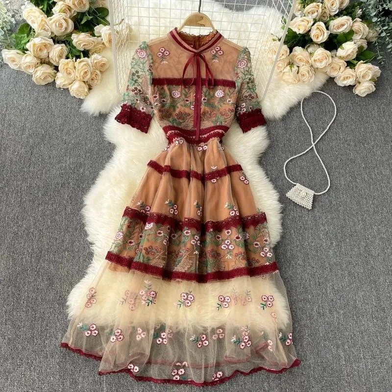 Elegant See Through Long Lantern Sleeve Mesh Dress, Flower Embroidery Lace High Waist Bohemian Maxi Dress