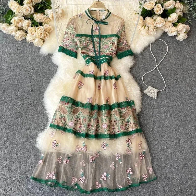 Elegant See Through Long Lantern Sleeve Mesh Dress, Flower Embroidery Lace High Waist Bohemian Maxi Dress