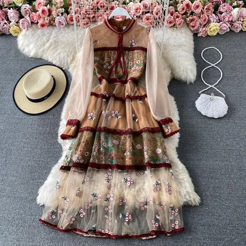 Elegant See Through Long Lantern Sleeve Mesh Dress, Flower Embroidery Lace High Waist Bohemian Maxi Dress