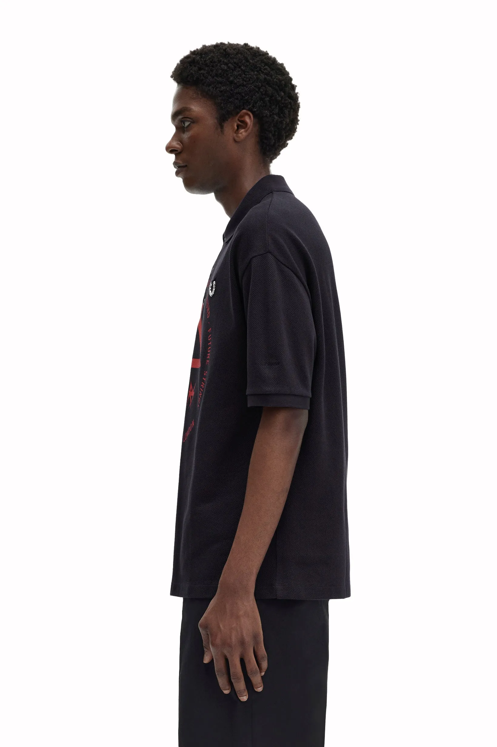 Fred Perry x Raf Simons Oversized Printed Polo Shirt Navy Blue