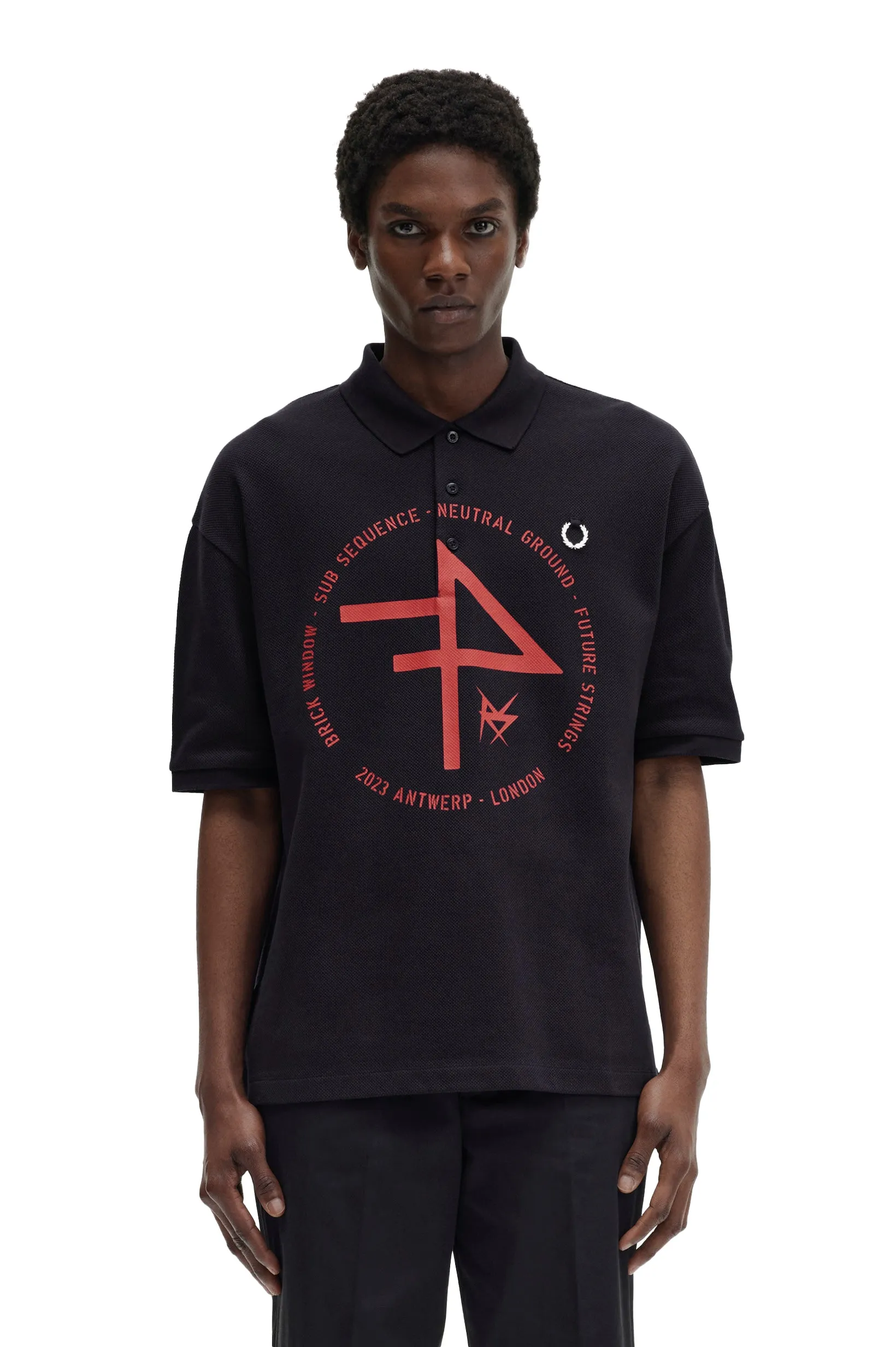 Fred Perry x Raf Simons Oversized Printed Polo Shirt Navy Blue