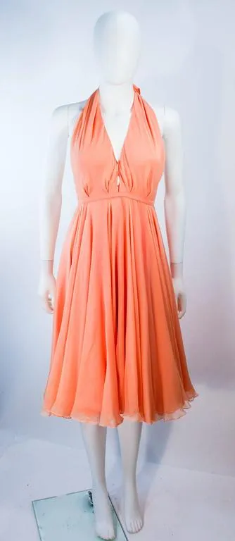 HALSTON 1970s Peach Layered Silk Chiffon Cocktail Dress Size 2-4