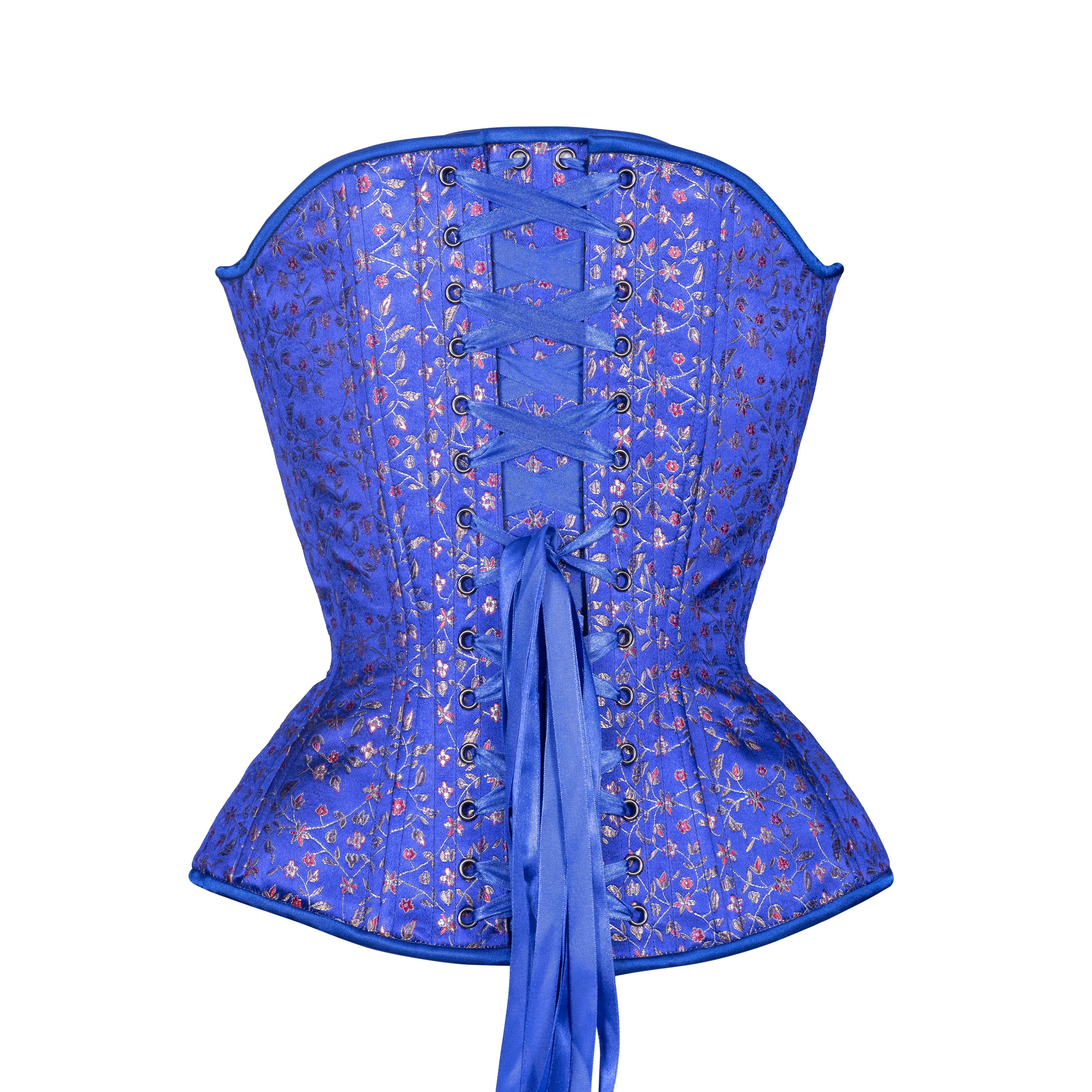 Indigo Blue Floral Brocade Overbust Corset, Hourglass Silhouette, NEW