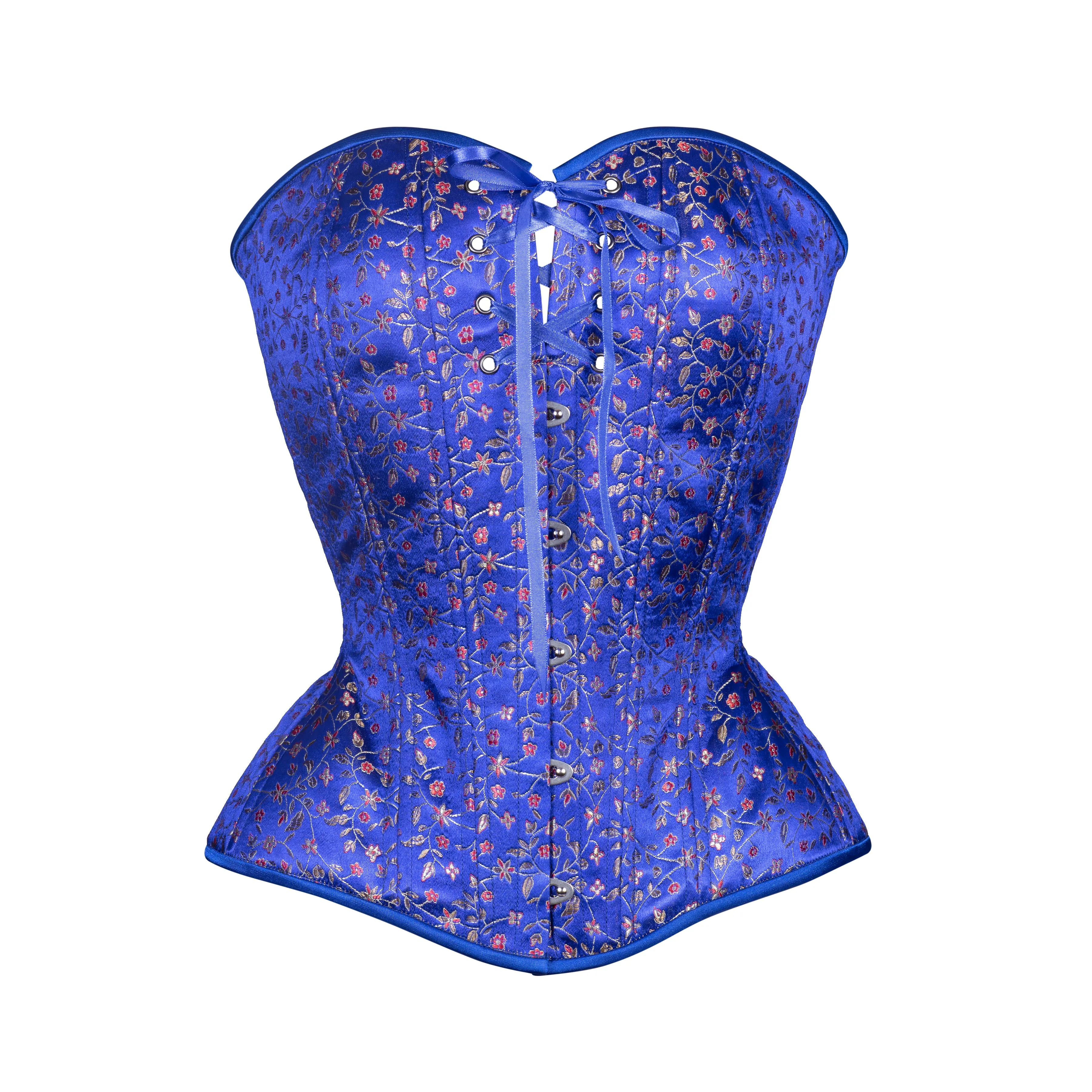 Indigo Blue Floral Brocade Overbust Corset, Hourglass Silhouette, NEW