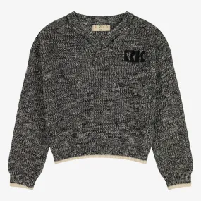 Knit V-Neck Sweater  - Black&cream