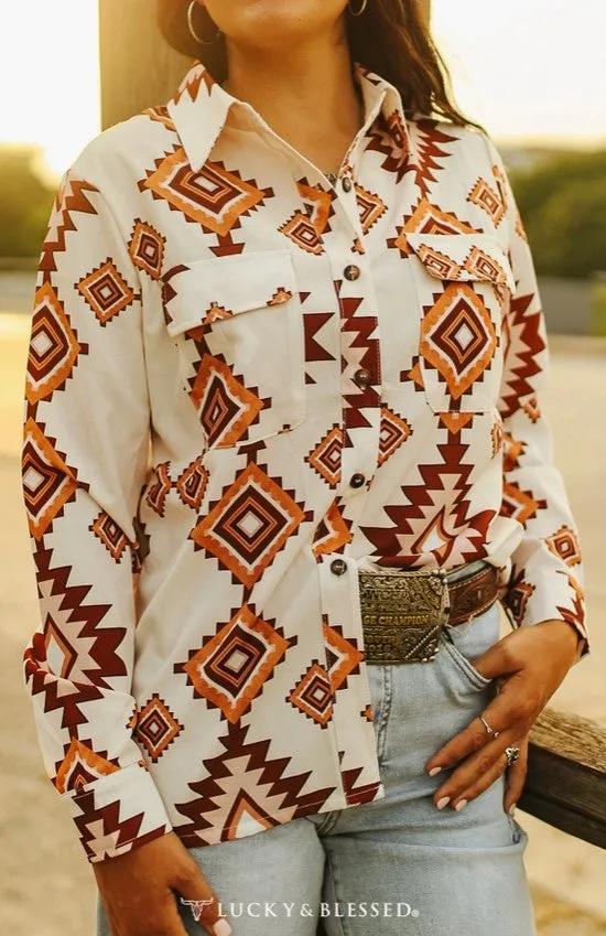 Lucky & Blessed Cream Aztec Button Down Long Sleeve Top TO066-BRAZT