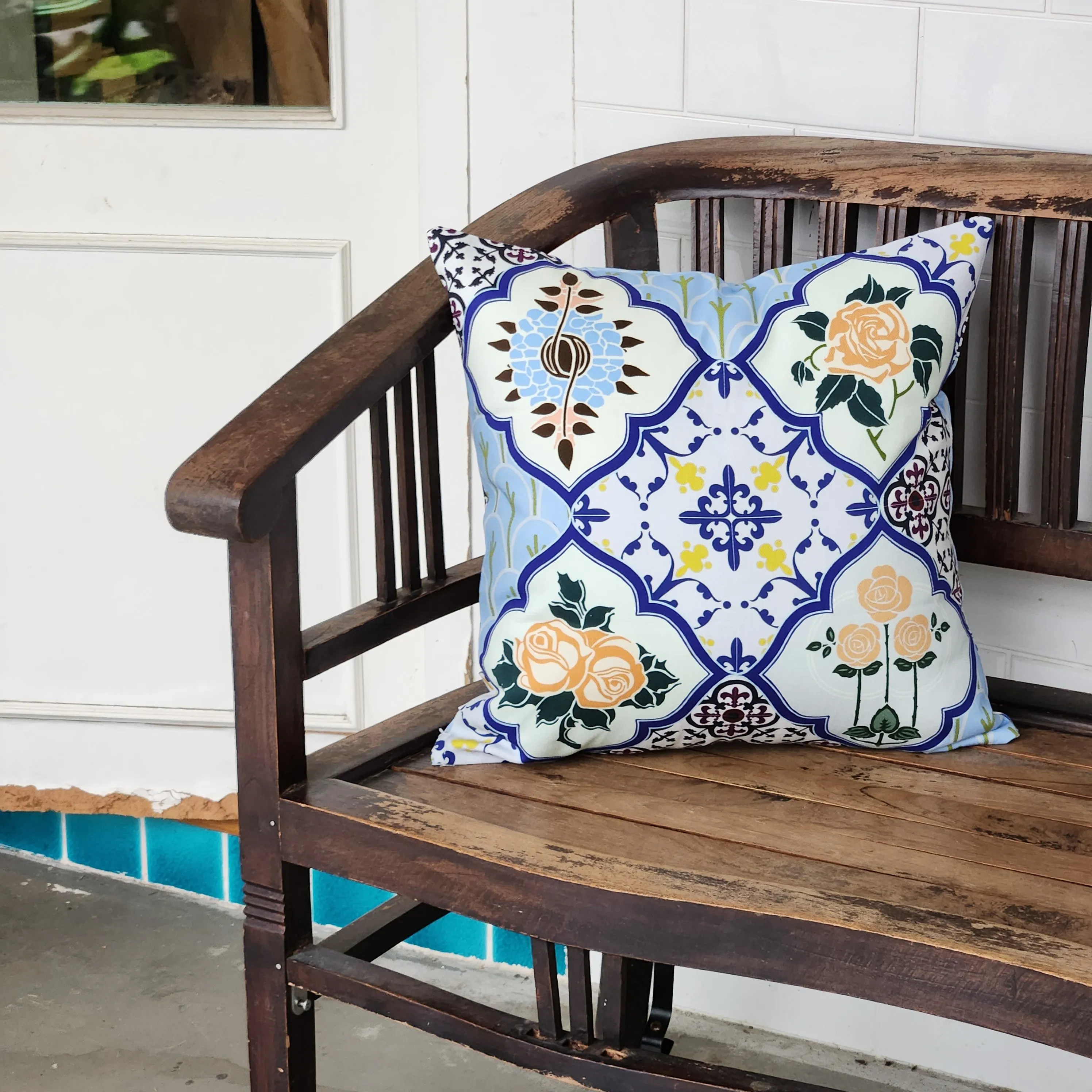 Peranakan Tile Cushion Cover Mix Blue Tile