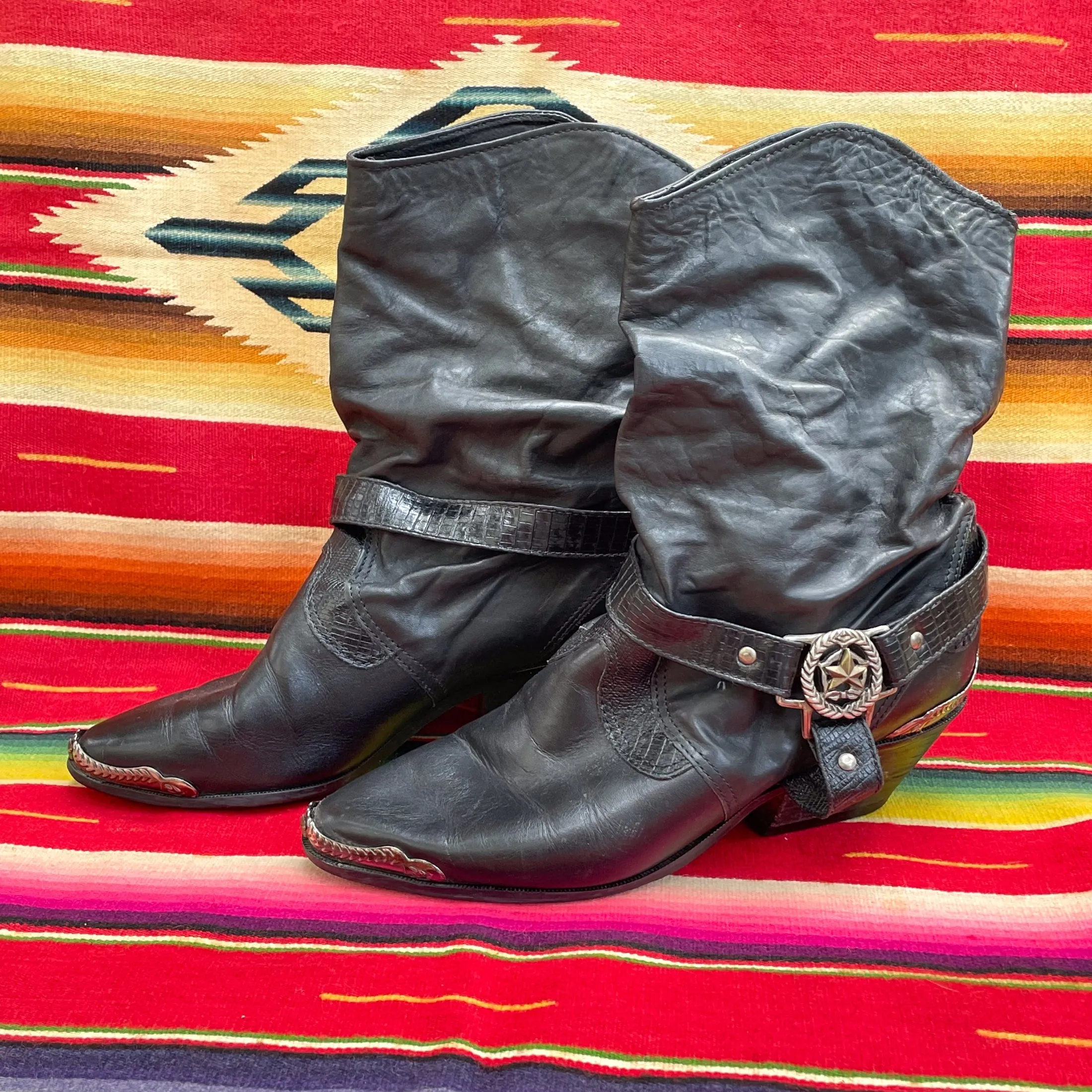 SOLD Vintage 80s Slouchy Ankle Boots, Star Toe/Heel Caps   Belts, Cowboy Booties 7M