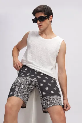 White Black Abstract Printed Summer Short