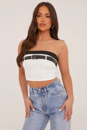 White Rib Knit Belt Detail Bandeau Cropped Top - Dela